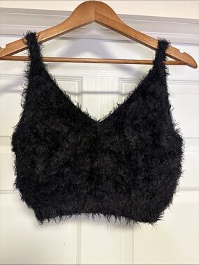 Tiger Mist Black Fuzzy V-Neck Crop Top